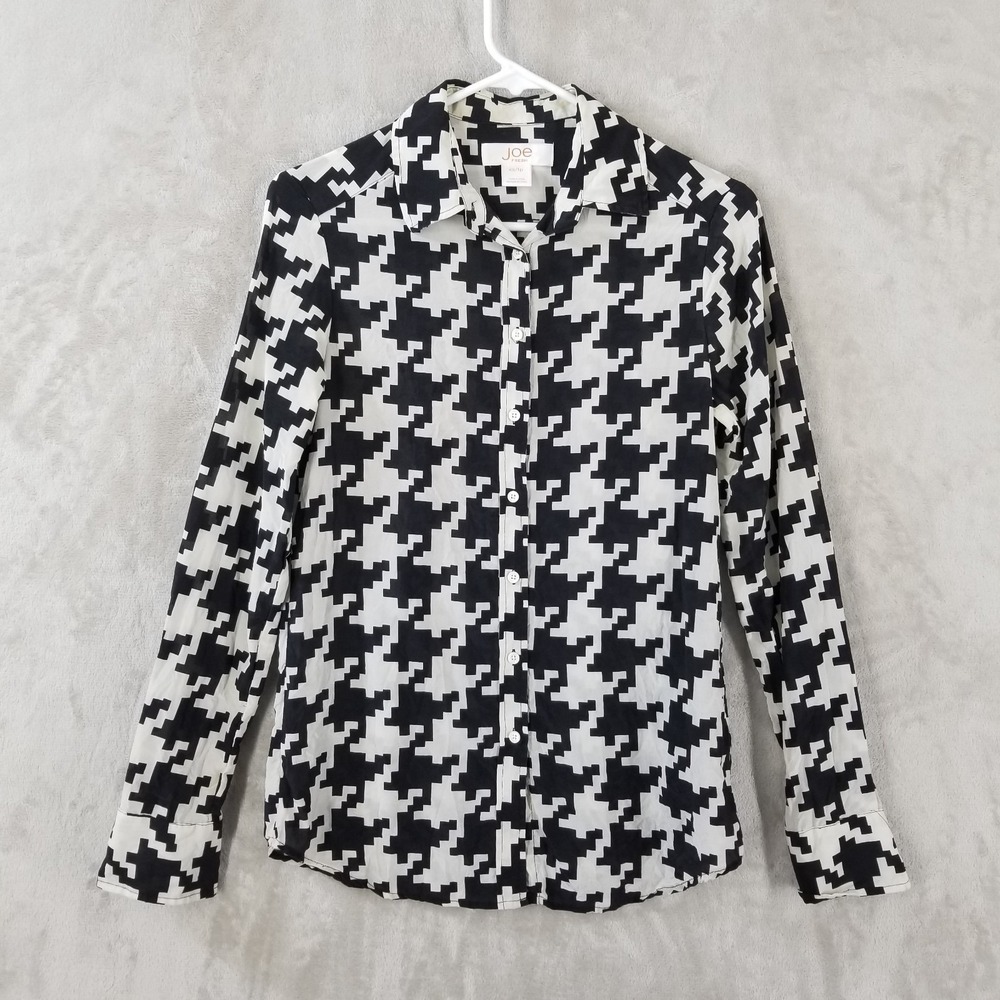 Joe Fresh Blouse Women XS Black Pixel Houndstooth 100% Silk Long Sleeve Office